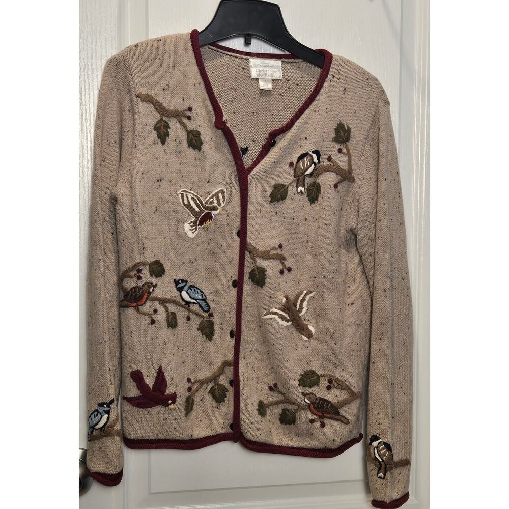 90s Women Small Hand Knit Birds Floral Nature Cardigan Sweater Cardigan Aviary